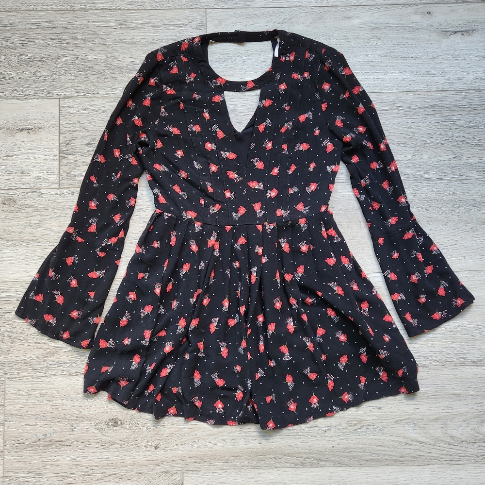 Free People Tegan Black Red Floral Dress Womens 4 Long Sleeve Boho Cottagecore